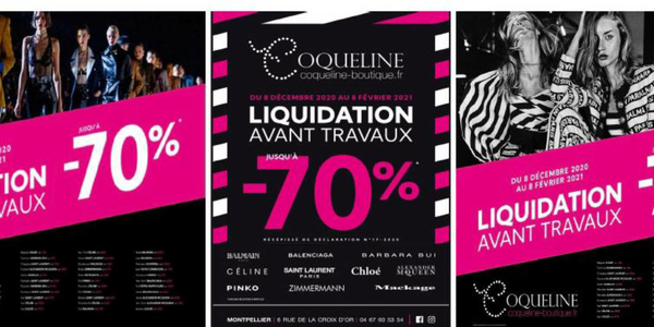 Boutique Coqueline Montpellier annonce une liquidation avant travaux d’embellissement. Boutique Coqueline Montpellier annonce une liquidation avant travaux d’embellissement.